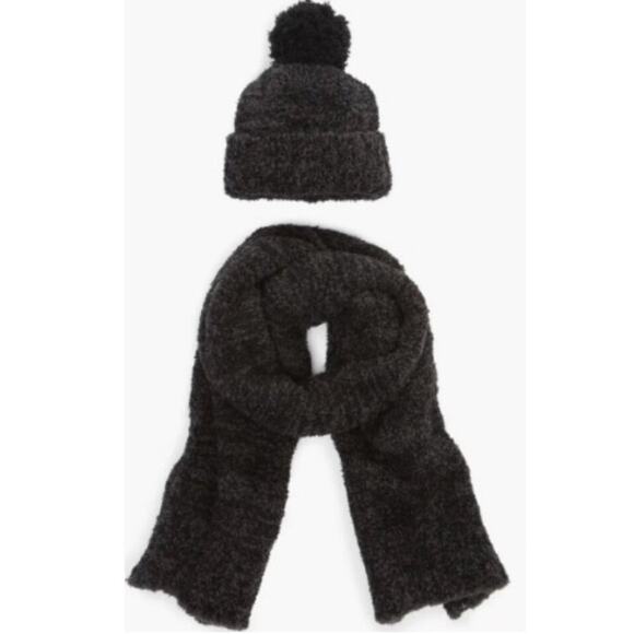 Barefoot Dreams Accessories - Barefoot Dreams Heather Carbon Black CozyChic Pom Pom Beanie & Scarf Set NWT